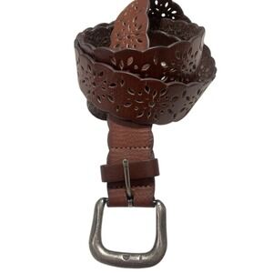 Brown Floral Cutout Leather Belt With Metal Buckle Fits 40"-44" Waist Genuine Le